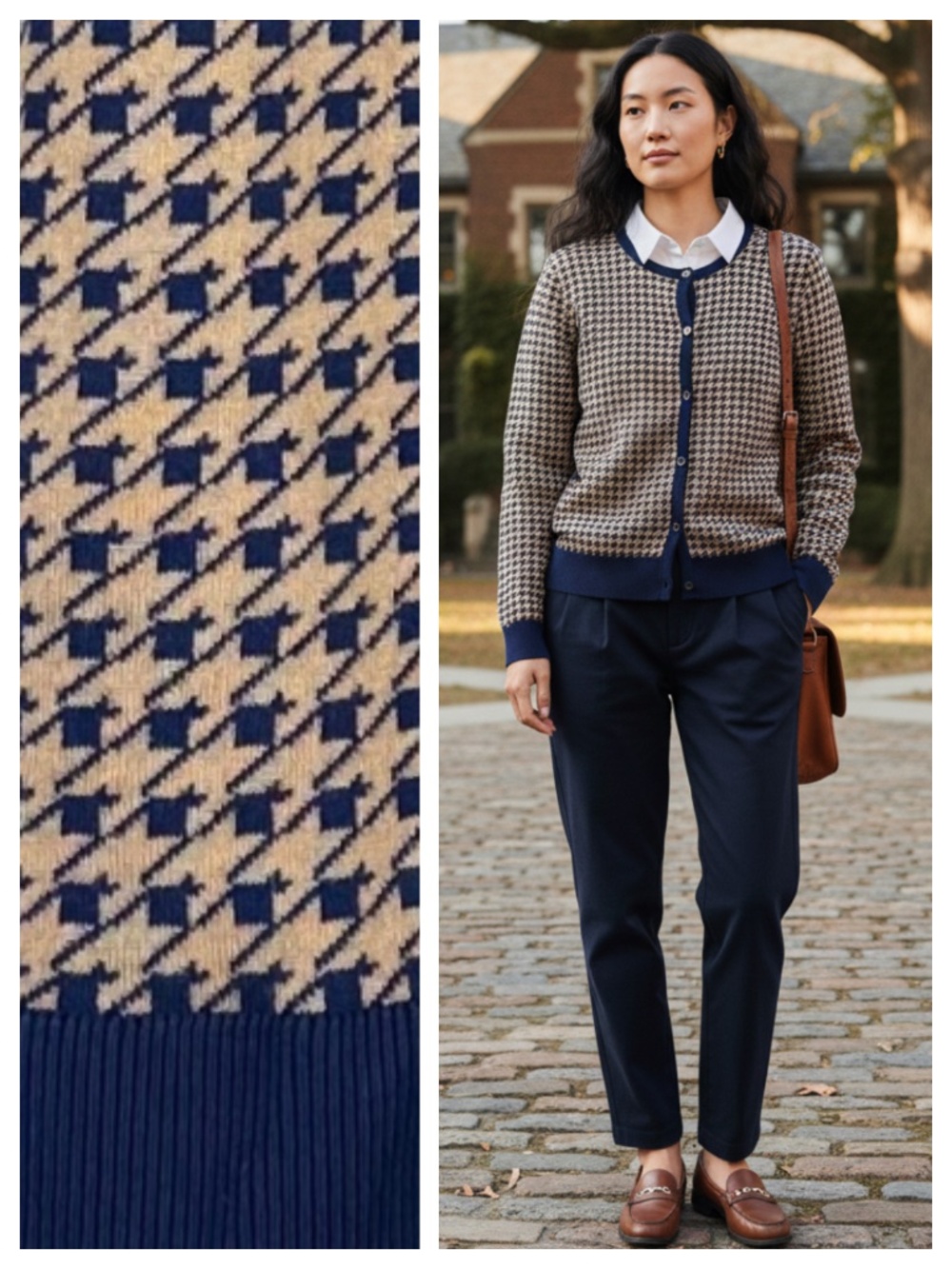 Lands End Cardigan Sweater Sz 1X 16W 18W Tan Navy Blue Houndstooth Old Money
